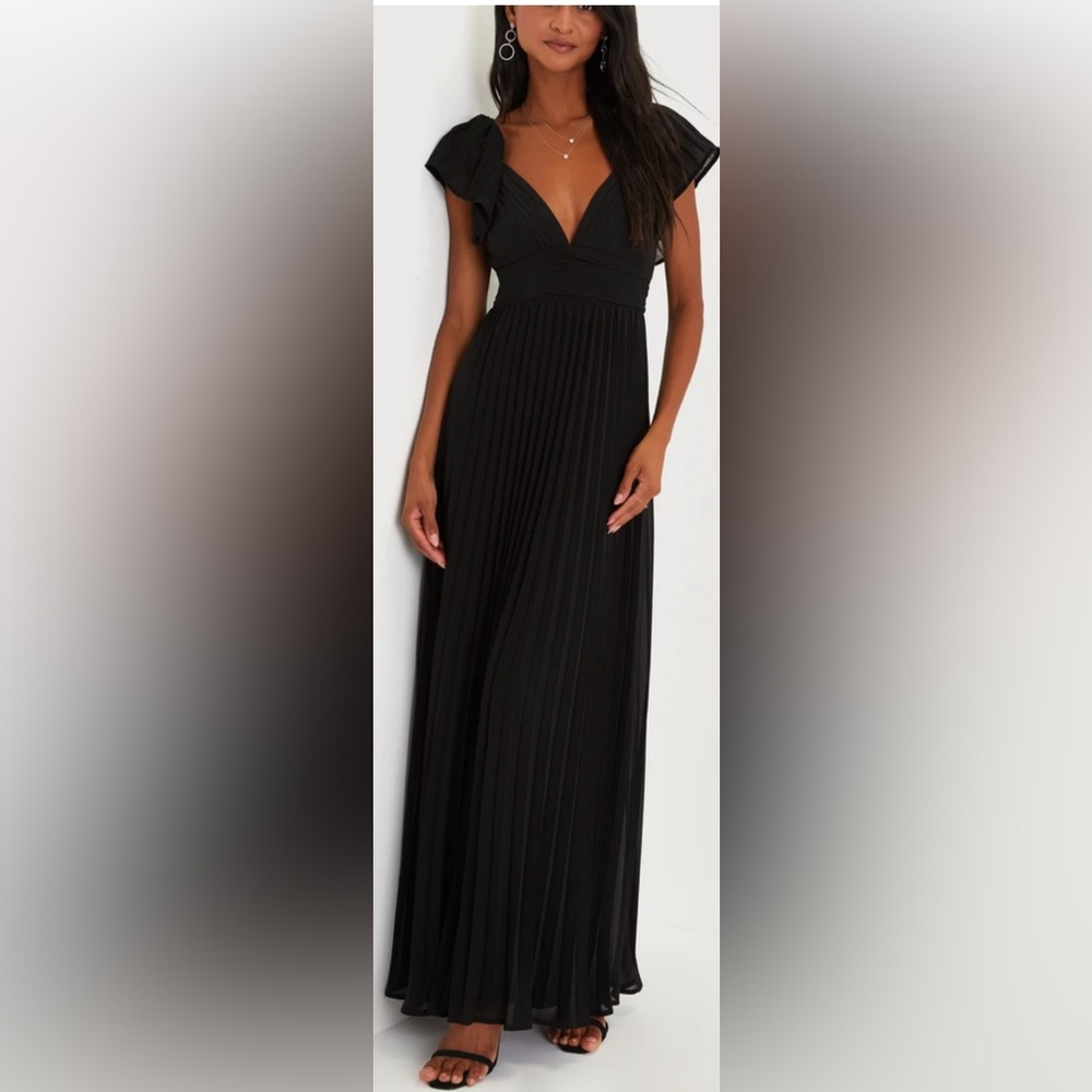 Lulus.Ideal Occasion Black Pleated Flutter Sleeve Backless Maxi Dross- Size 1X